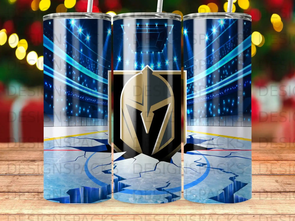Golden Knights logo cracks a hockey rink with stadium lights.