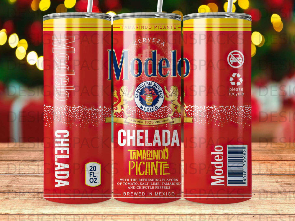 Modelo Chelada Tamarindo Picante tumbler with brand logo and recycle symbol.