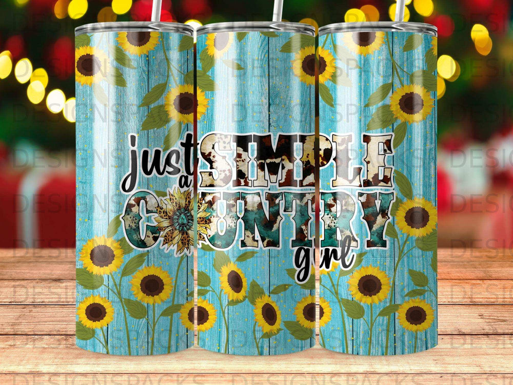 Tumbler with sunflowers, wood grain, and "Just Simple Country Girl" text.