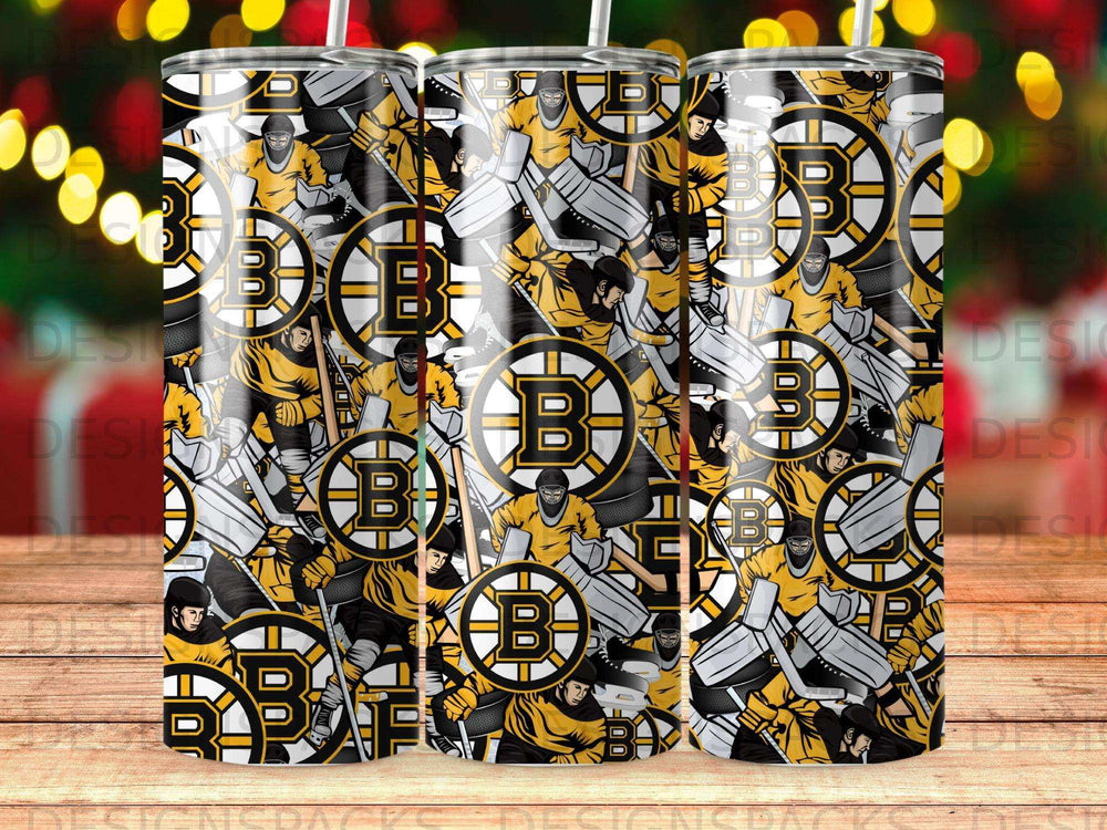Hockey players and Boston Bruins logos pattern on a tumbler.