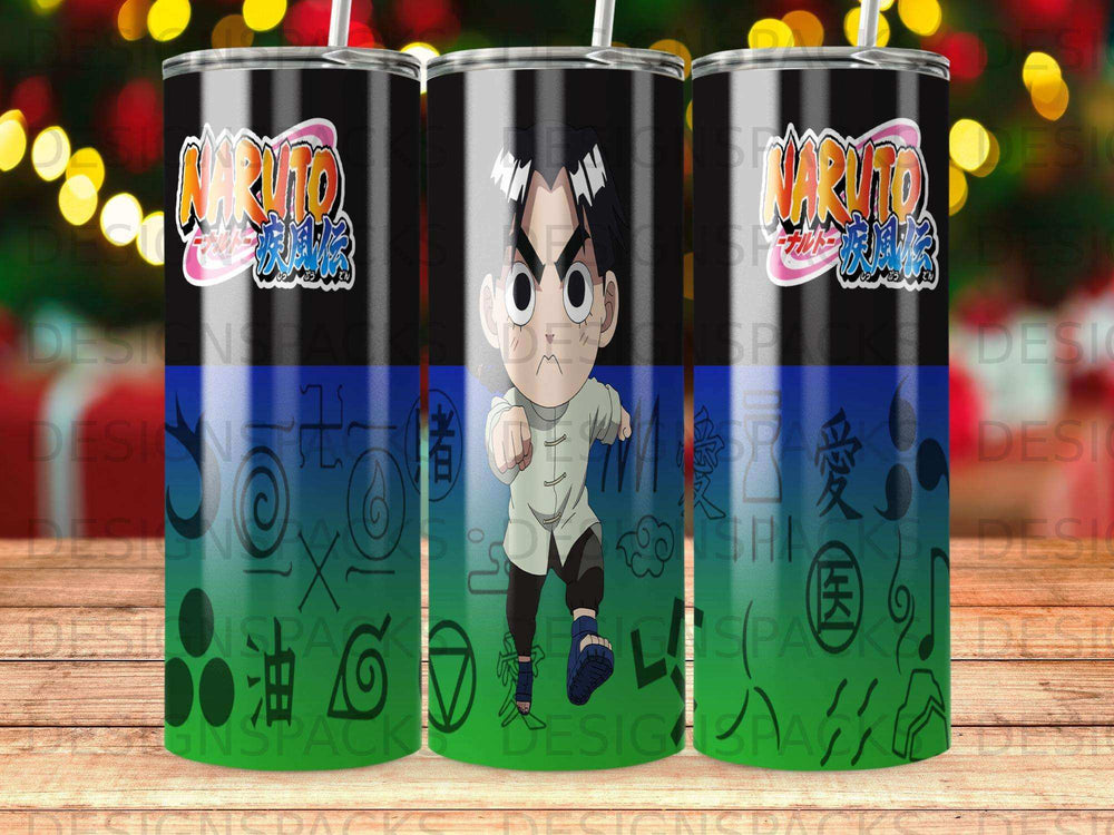 Naruto Rock Lee character on a black tumbler with anime-style designs.