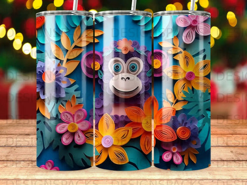 Monkey with colorful paper flowers and leaves design on a blue background.
