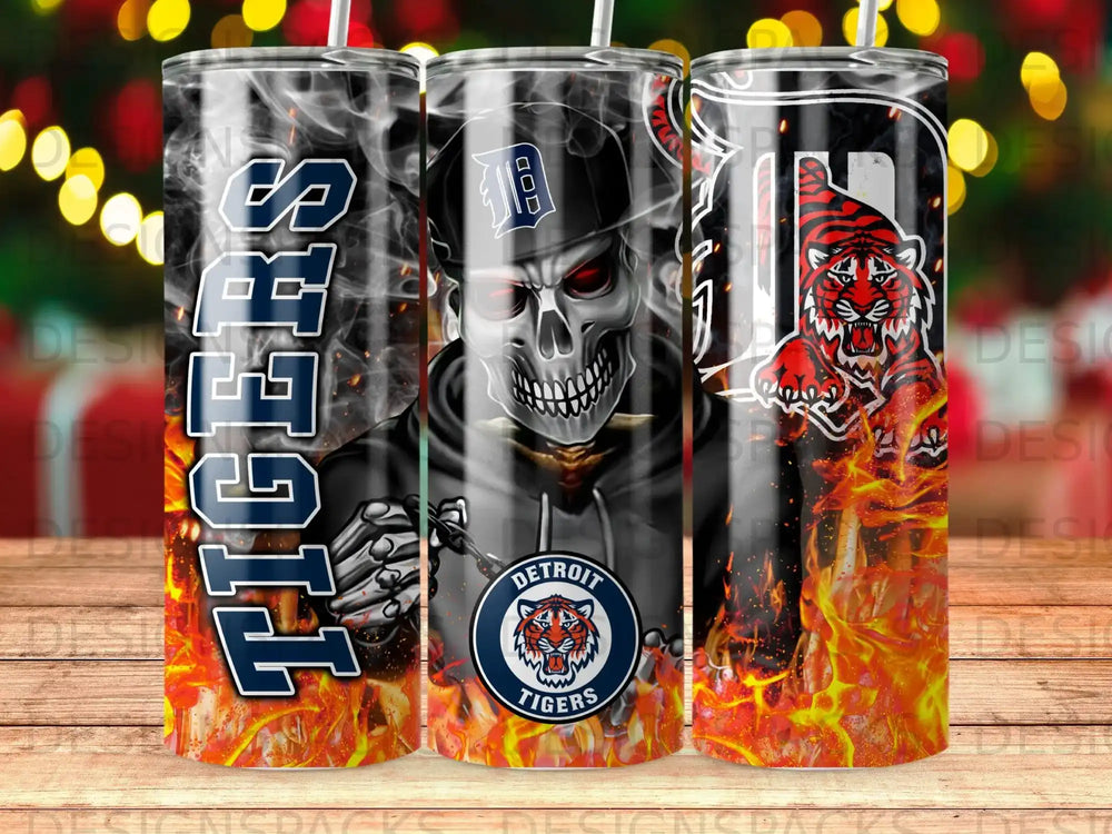 Detroit Tigers skull and tiger designs on tumblers with flames.