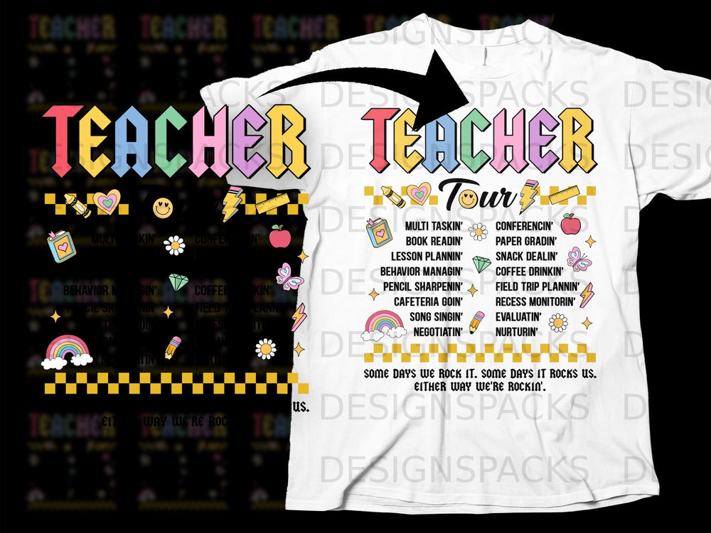 Teacher Tour graphic with colorful text and school-themed icons.