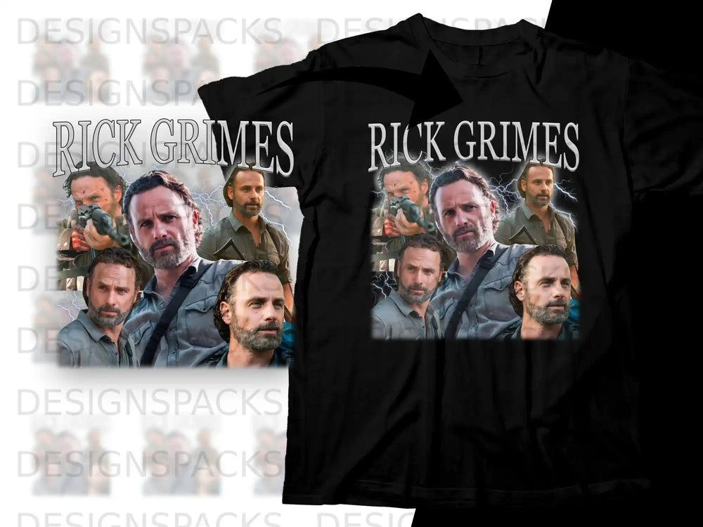 Collage of Rick Grimes portraits on a black t-shirt.