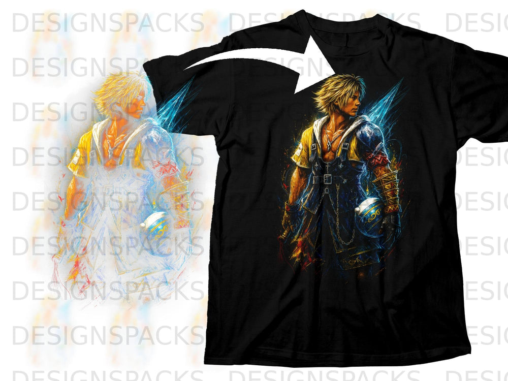 Tidus from Final Fantasy X on a black t-shirt.