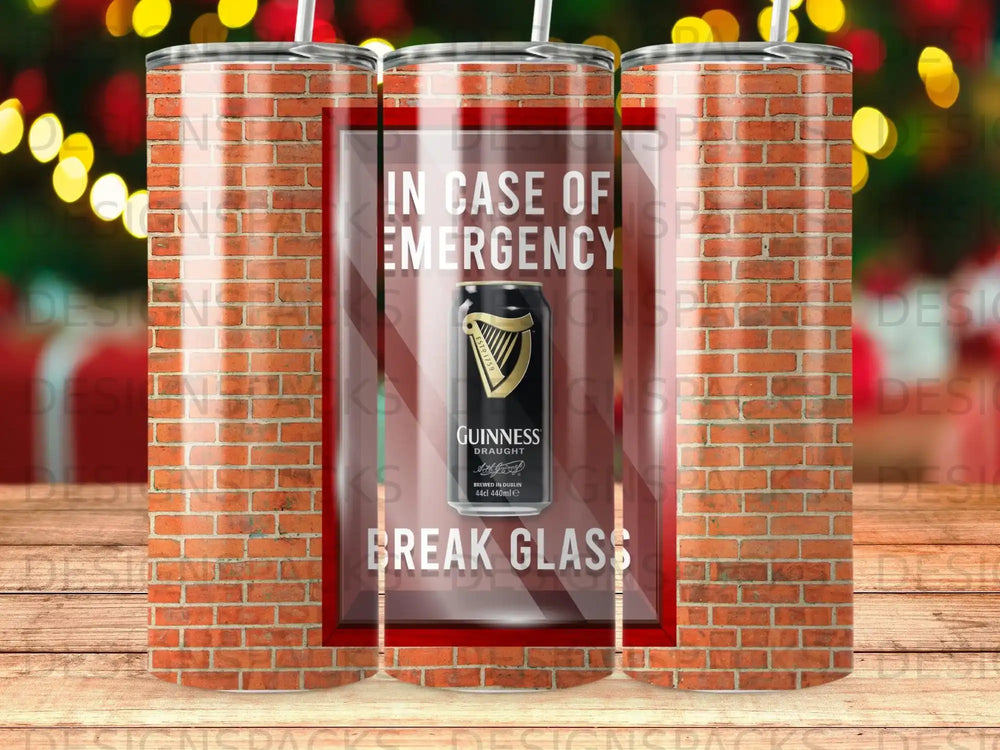 Guinness Draught can with "Break Glass" inscription inside a brick frame.
