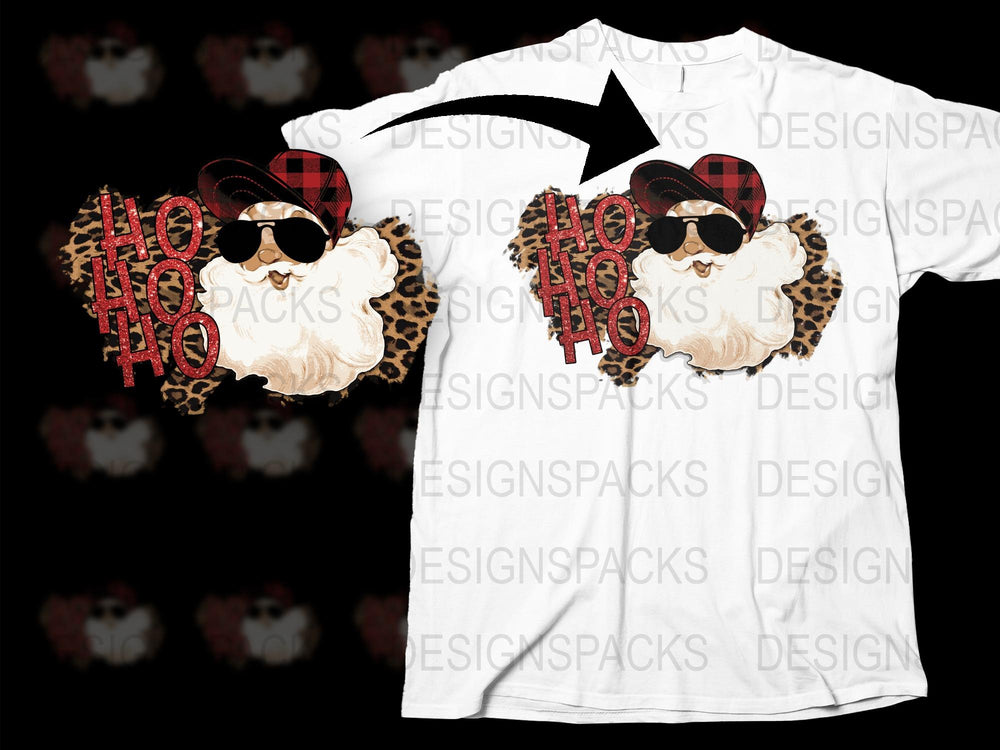 Santa Claus Graphic T-Shirt, Leopard Print Ho Ho Ho, Christmas Holiday Tee, Festive Casual Wear, Unisex White Shirt Design