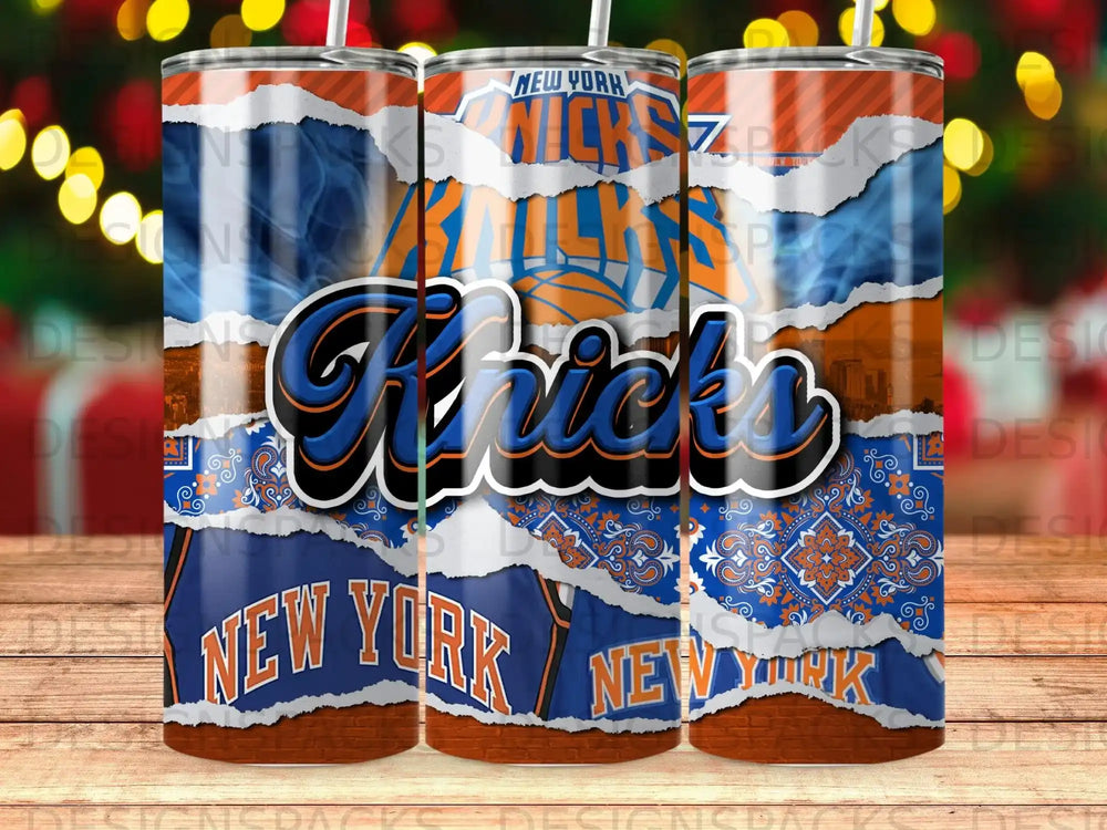 New York Knicks distressed logo on a tumbler.