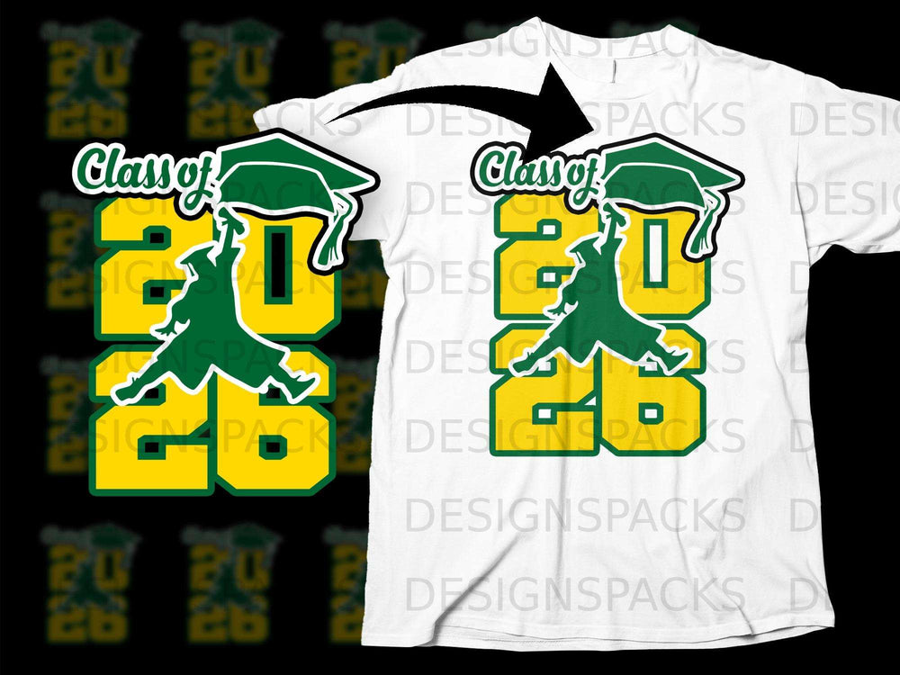 Green and yellow "Class of 2026" graphic with graduation cap and silhouette on white t-shirt.