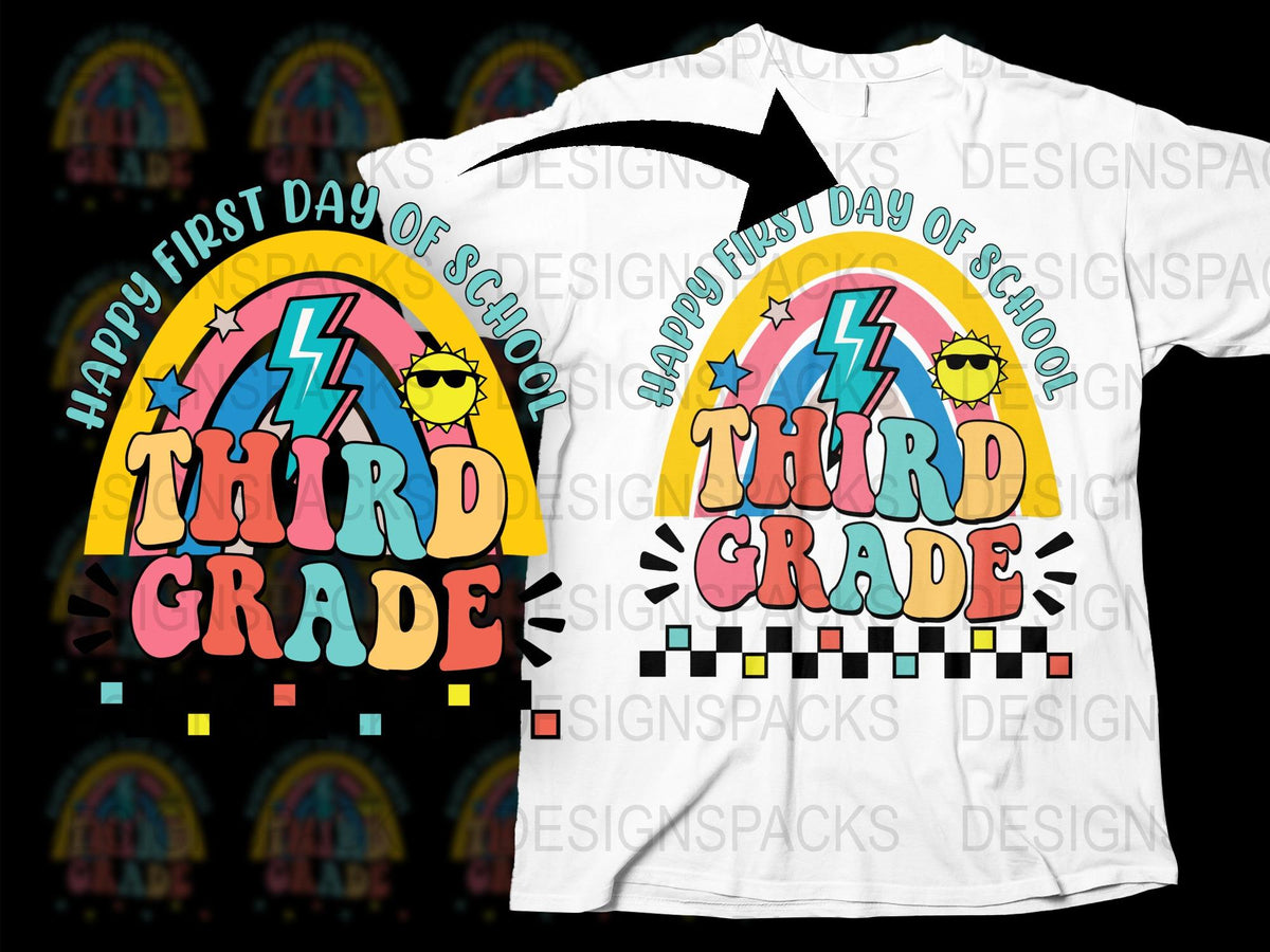 Happy First Day of School Third Grade T-Shirt, Colorful Teacher Tee, Fun Back to School Outfit for Kids