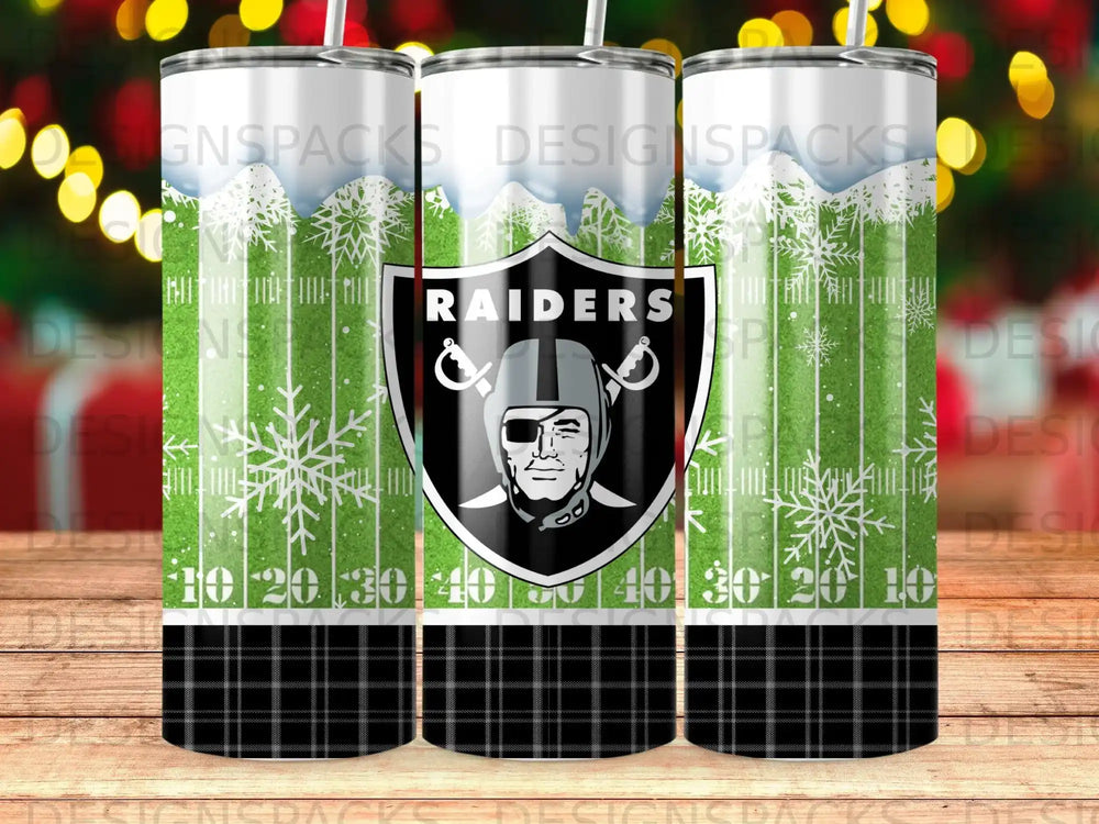 Las Vegas Raiders logo on a plaid and snowflake tumbler.