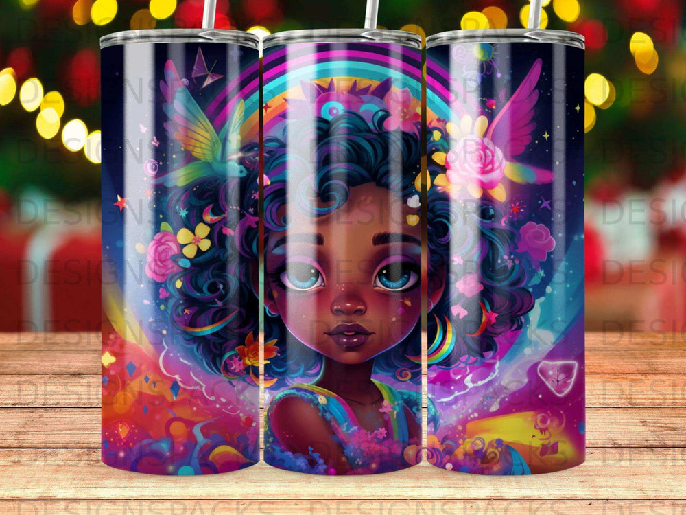 Illustration of a Black girl with curly hair and rainbow wings.
