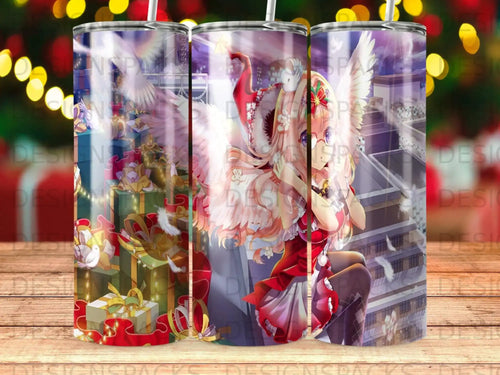 Anime girl in red dress with angel wings, surrounded by gifts and city buildings.