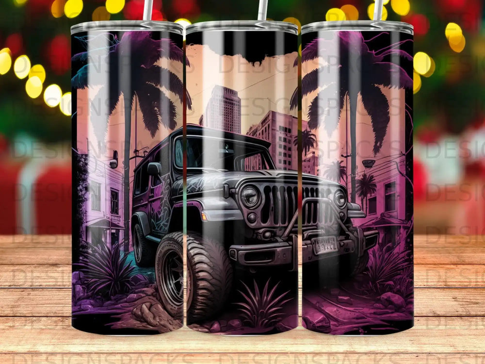 Black Jeep Wrangler parked in a city with palm trees, sunset.