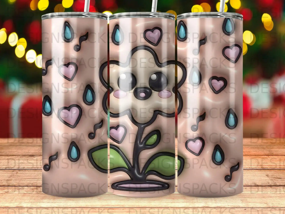 Tumbler with a pink and white wavy pattern and a cartoon flower face.