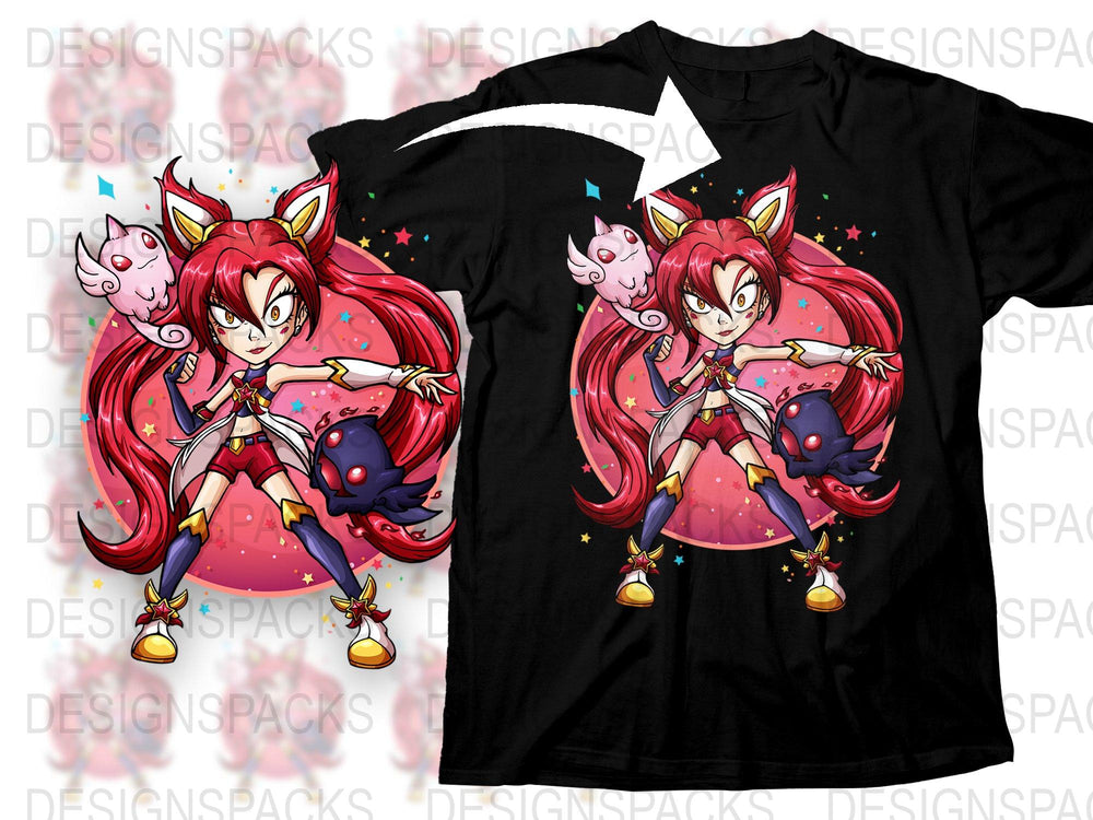 Anime Inspired Magical Girl Red Costume Graphic T-Shirt, Fantasy Heroine Tee, Vibrant Character Design Shirt for Fans