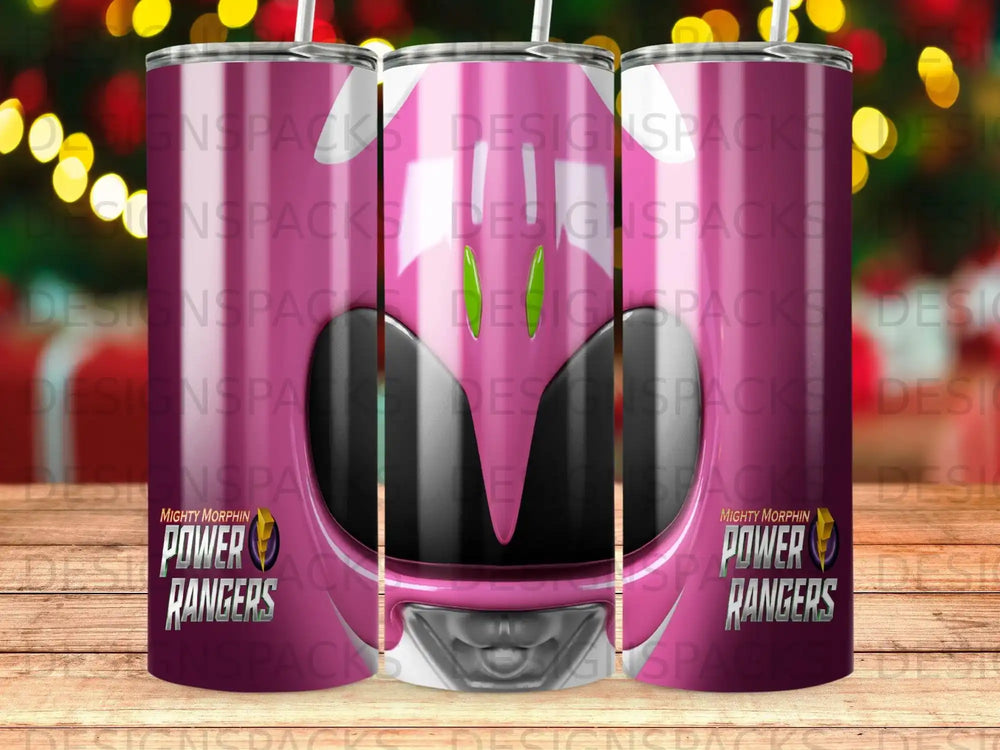 Mighty Morphin Power Rangers logo on a pink tumbler with repeating watermark.