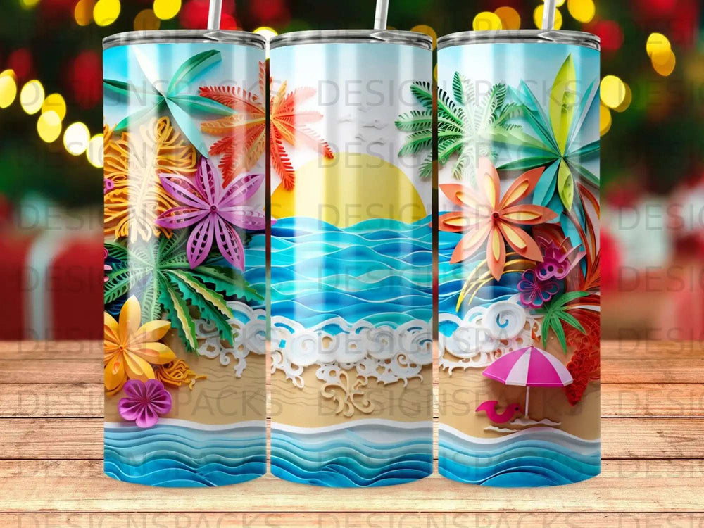 Beach scene with palm trees, flowers, and ocean waves on three tumblers.
