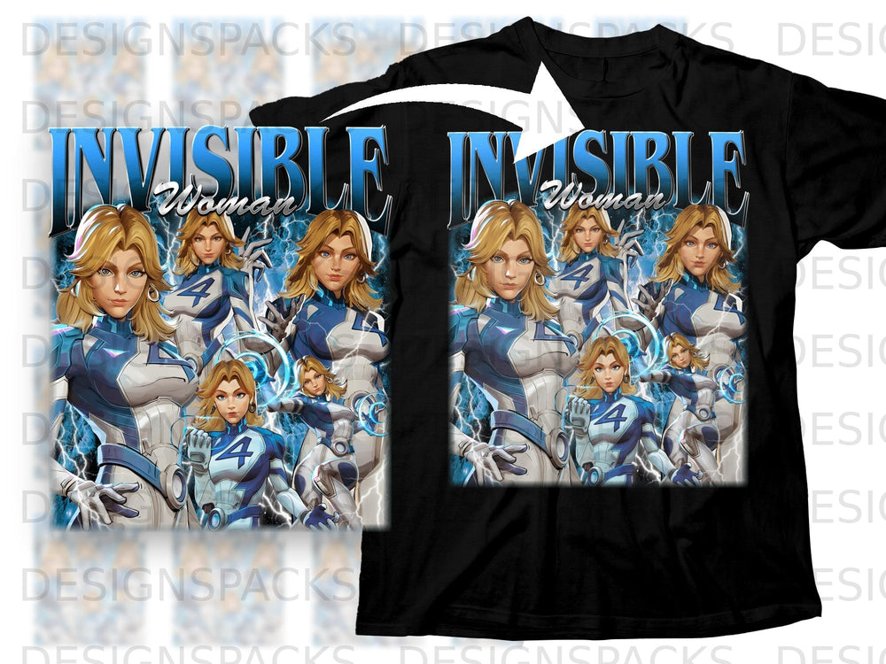 Invisible Woman artwork with the number 4 on a black t-shirt.