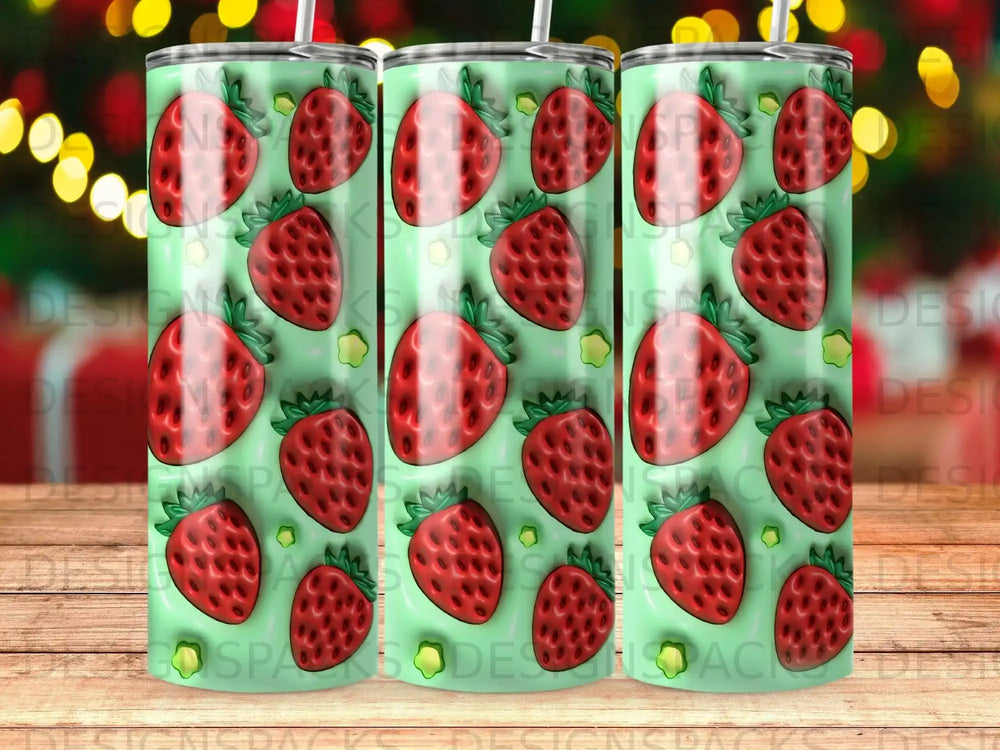 Pattern of red strawberries with green leaves on a mint green striped background.