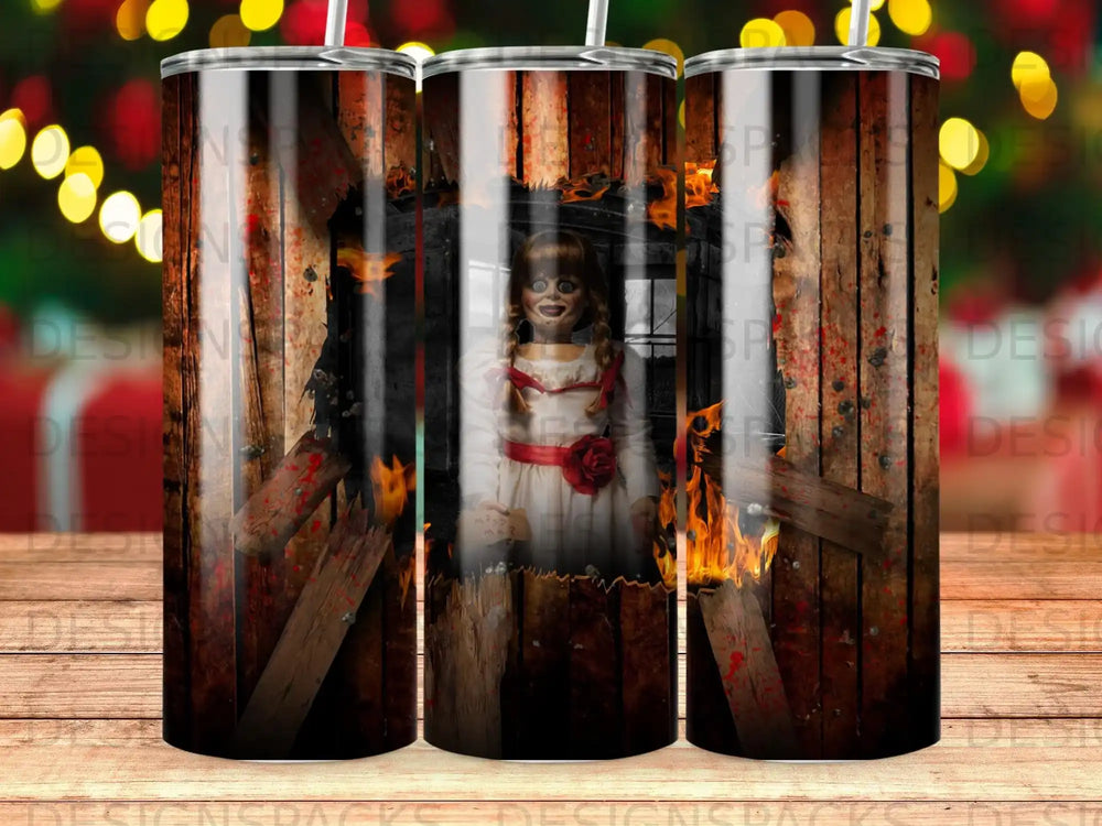 Creepy doll in a burning wooden shack, digital art.