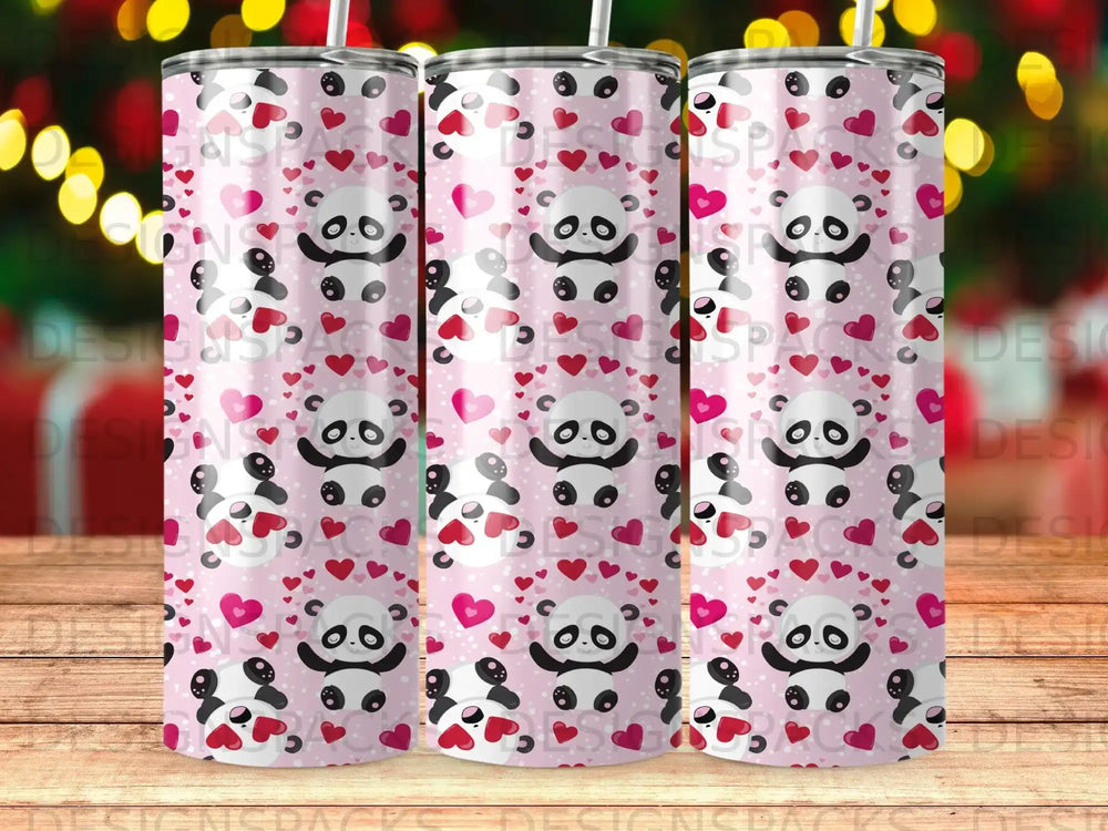 Three pink tumblers with a repeating pattern of pandas and hearts.
