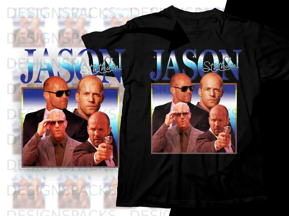 Jason Statham collage on a black t-shirt.