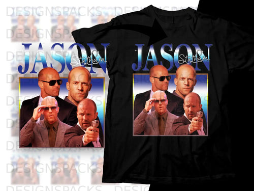 Jason Statham collage on a black t-shirt.