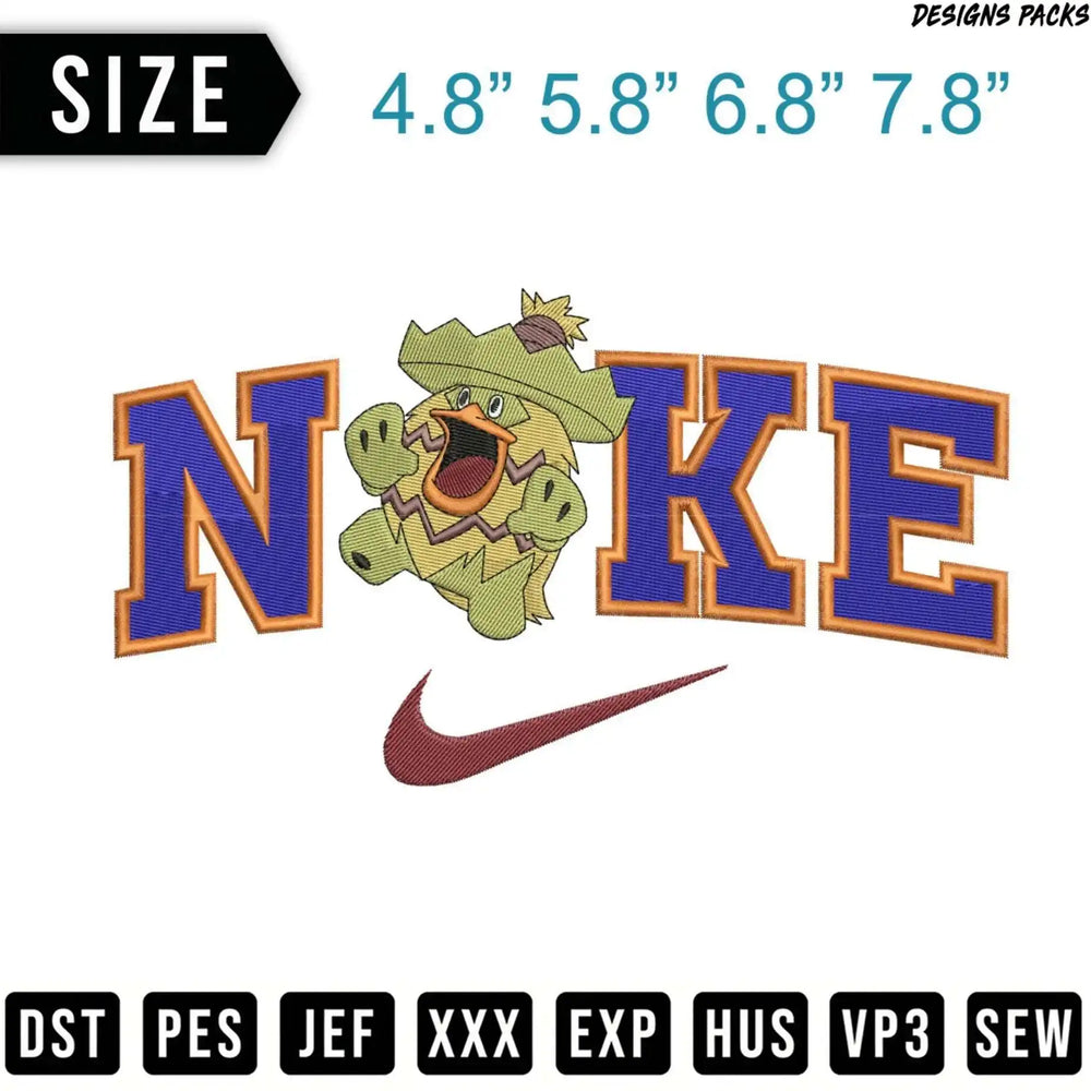 Nike logo with a cartoon character in place of the "I", embroidered design file formats listed below.