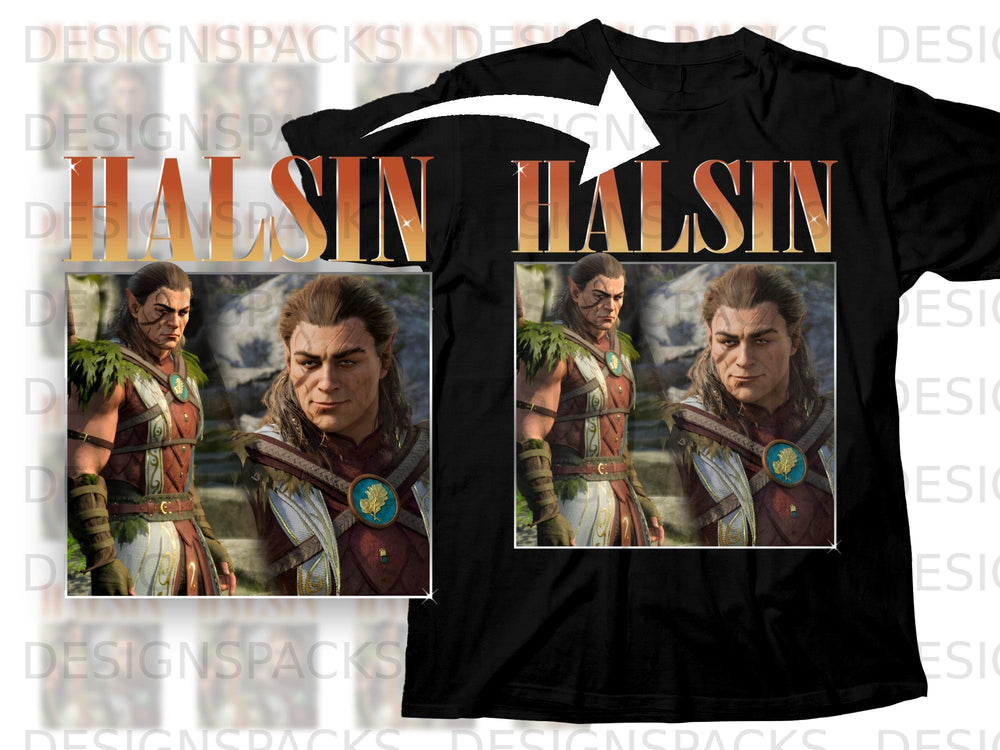Black t-shirt featuring "HALSIN" text and two images of a fantasy character.