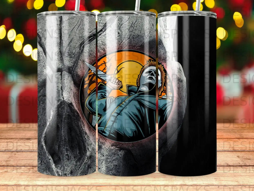 Michael Myers holding knife in front of orange moon, Halloween design.