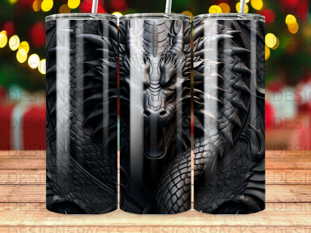 Dark dragon head on a tumbler with festive bokeh lights background.
