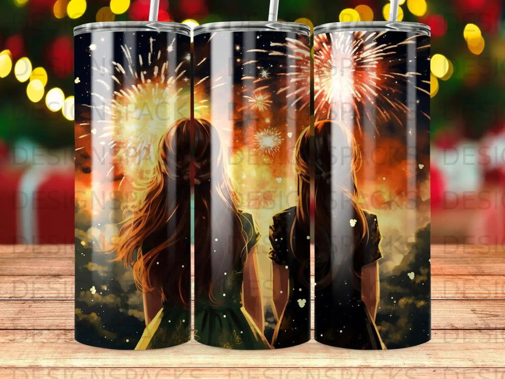 Two women watch colorful fireworks explode against a dark, starry sky.
