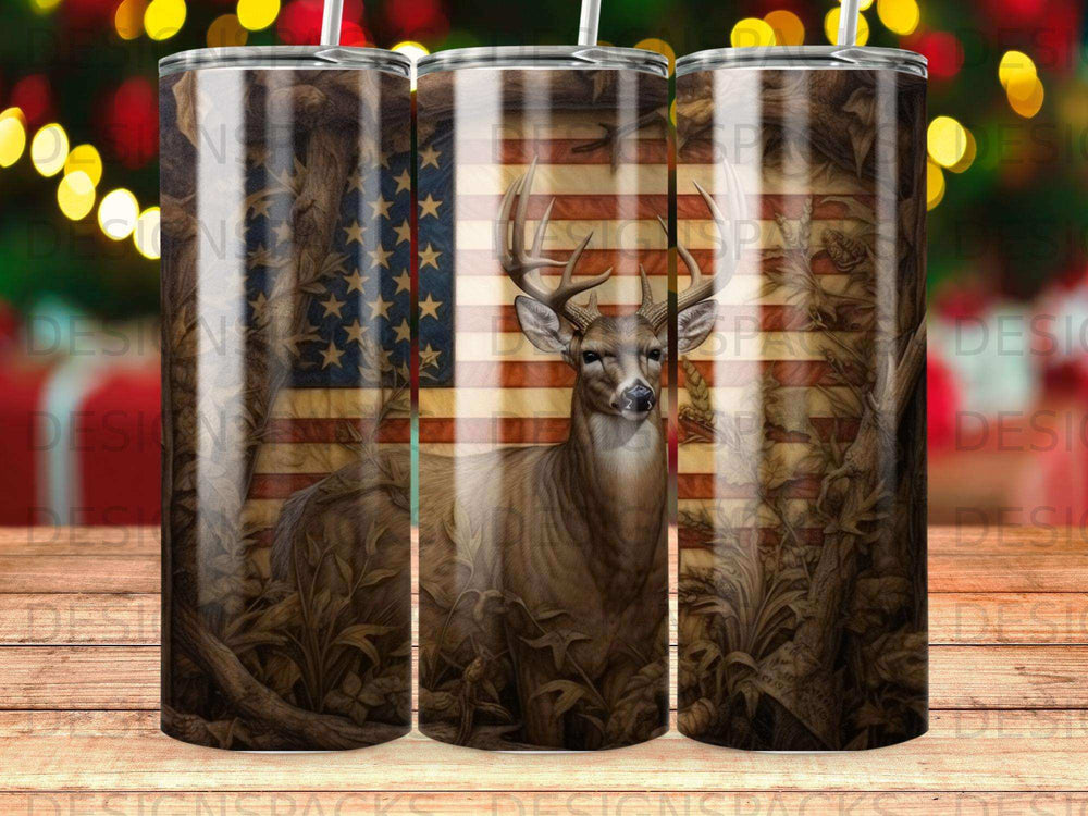 Deer and American flag design on a tumbler.