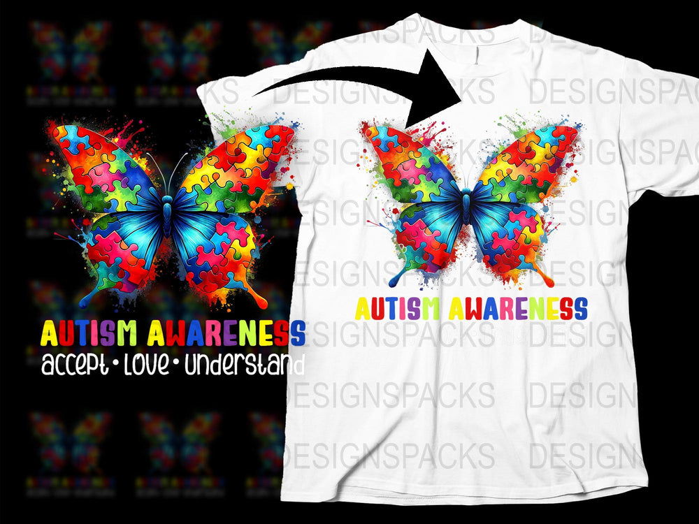 Colorful Autism Awareness T-Shirt, Puzzle Piece Butterfly Design, Accept Love Understand Tee