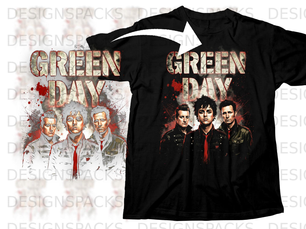 Black t-shirt featuring the band Green Day with distressed text and artwork.