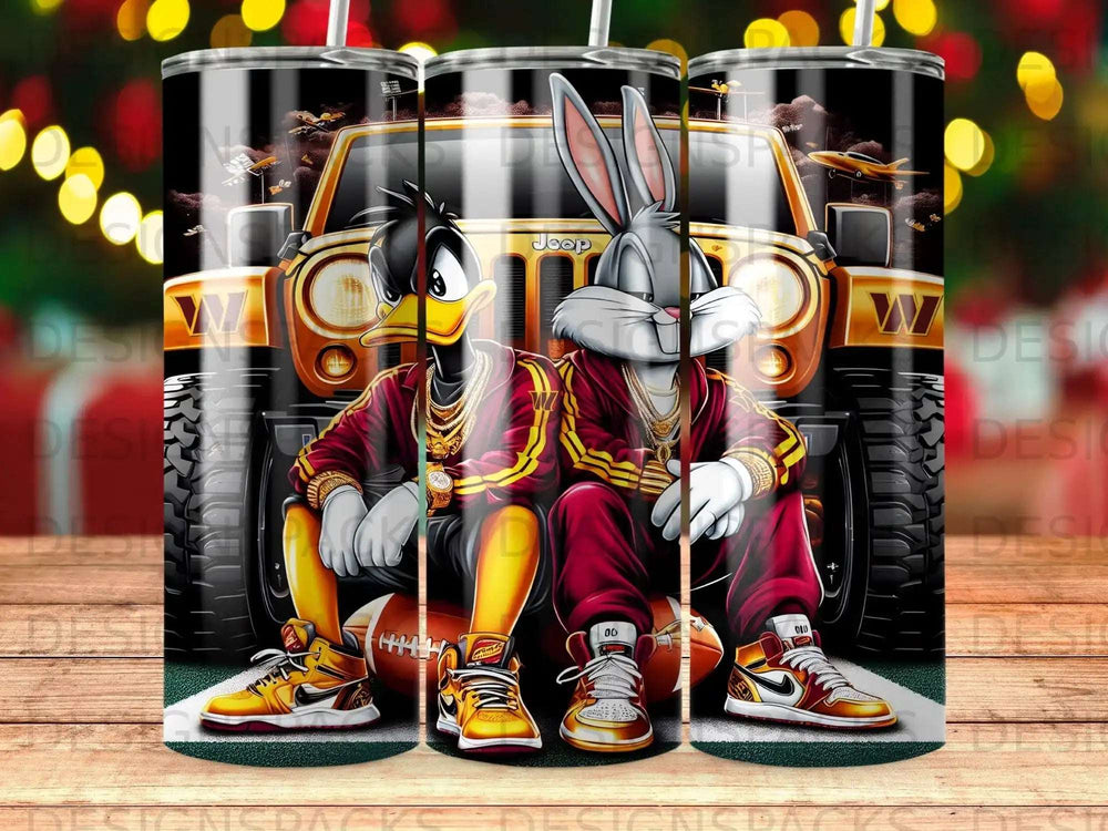 Looney Tunes characters Bugs Bunny and Daffy Duck sit on a jeep with a football.