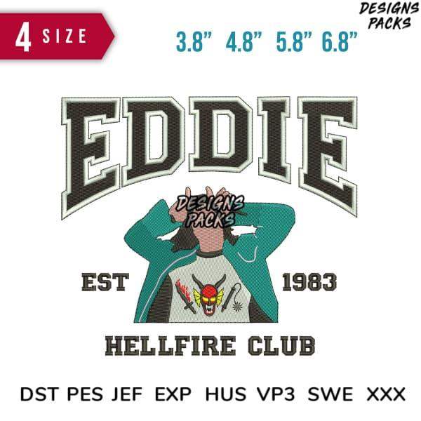 Eddie Hellfire Club embroidery design with bold varsity lettering, skull graphic, and 4 size options for instant download.