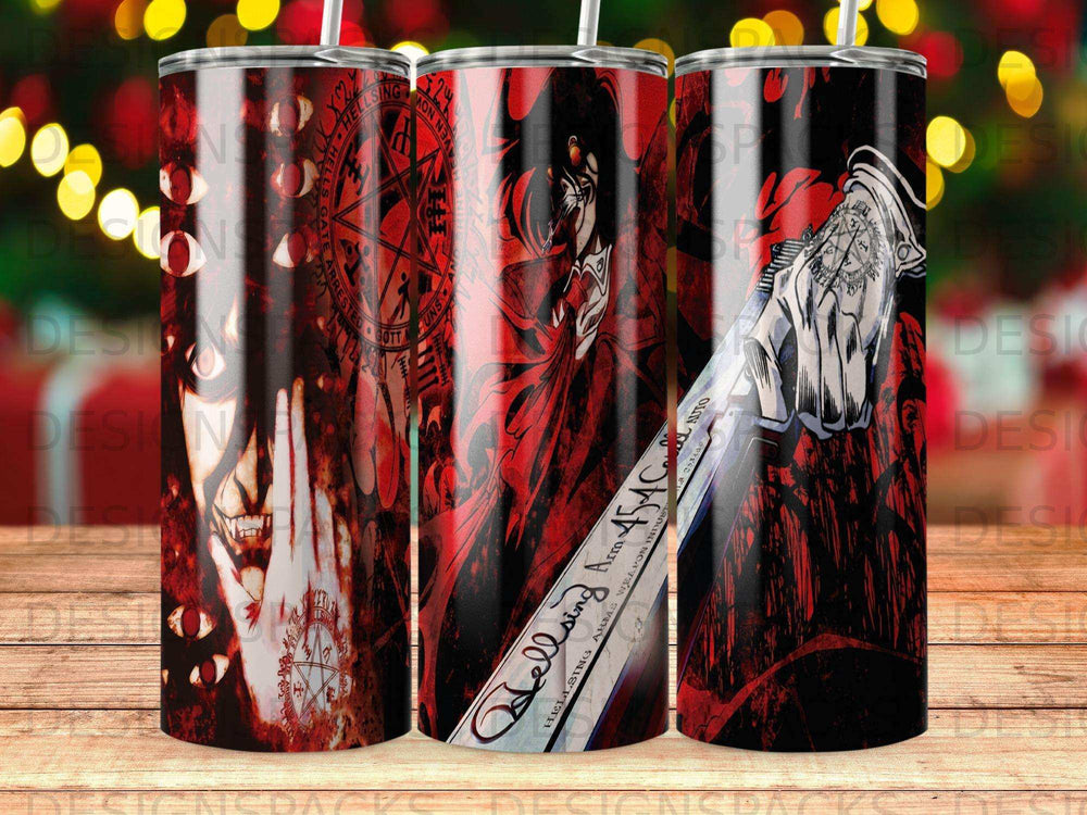 Hellsing Abridged art with Alucard and text, on three tumblers.