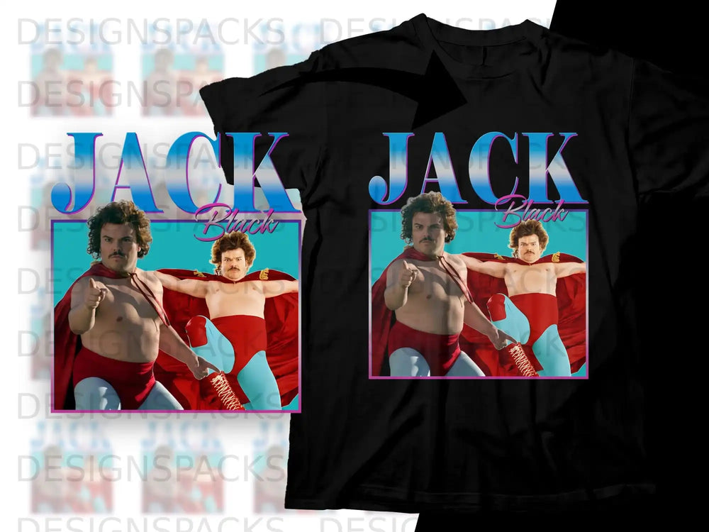 Jack Black in a red cape and blue boots on a black t-shirt graphic.