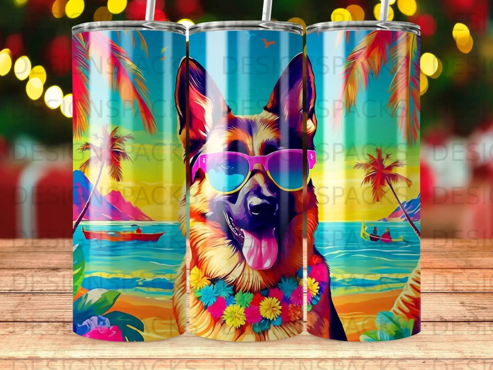 German Shepherd wearing sunglasses and lei on a tropical beach background.