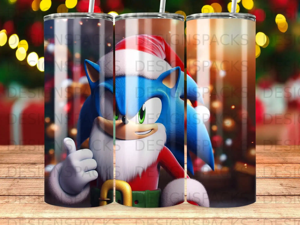 Sonic the Hedgehog in Santa hat with thumbs up on tumbler.