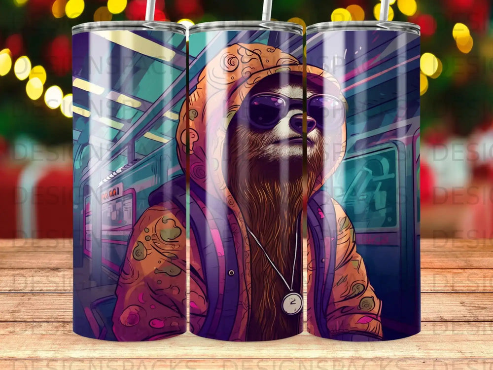 Sloth wearing sunglasses and hoodie on subway train.
