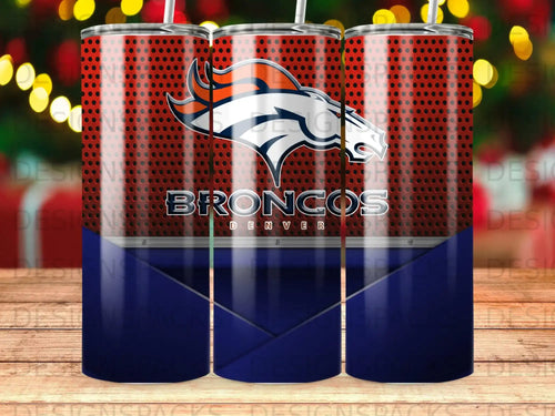 Denver Broncos logo and text on a metallic blue tumbler design.