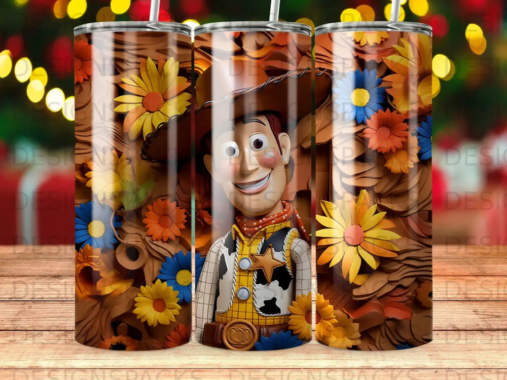Woody from Toy Story surrounded by colorful sunflowers and blue flowers.