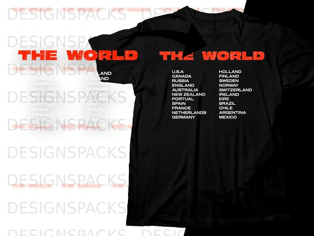 Black t-shirt with "THE WORLD" text and a list of countries in red.