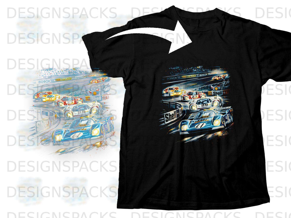 Black t-shirt with Le Mans race cars and sponsor logos, featuring a blue #11 car.