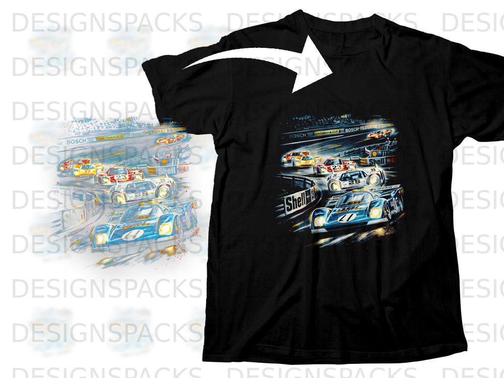 Black t-shirt with Le Mans race cars and sponsor logos, featuring a blue #11 car.