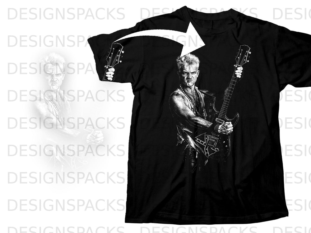 Black t-shirt with a distressed graphic of a punk rock musician playing a guitar.